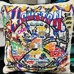 Handmade multicolor Embroidered Accent Pillow featuring Houston TX Landmarks
